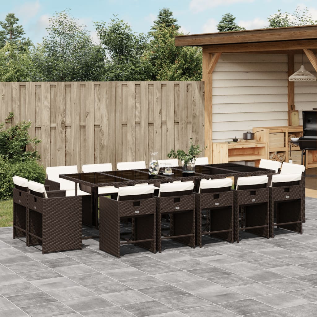 vidaXL 15-tlg. Garten-Essgruppe mit Kissen Braun Poly Rattan