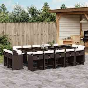 Vrtna jedilna garnitura 15-delna z blazinami rjav poli ratan