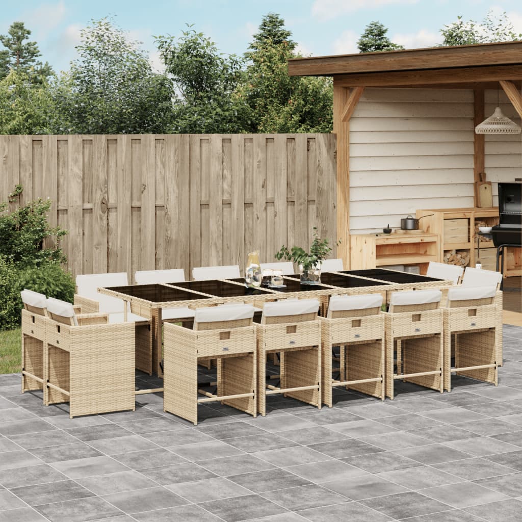 vidaXL 15-tlg. Garten-Essgruppe mit Kissen Beige Poly Rattan