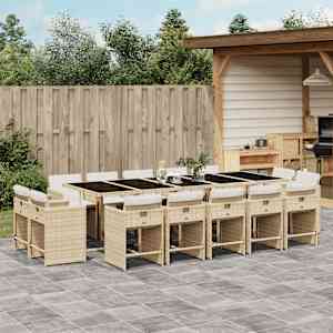 Vrtna jedilna garnitura 15-delna z blazinami bež poli ratan