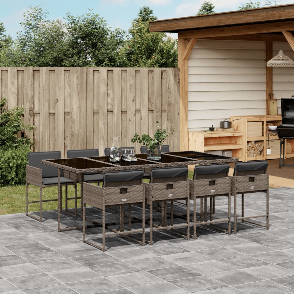 vidaXL 9-tlg. Garten-Essgruppe mit Kissen Grau Poly Rattan