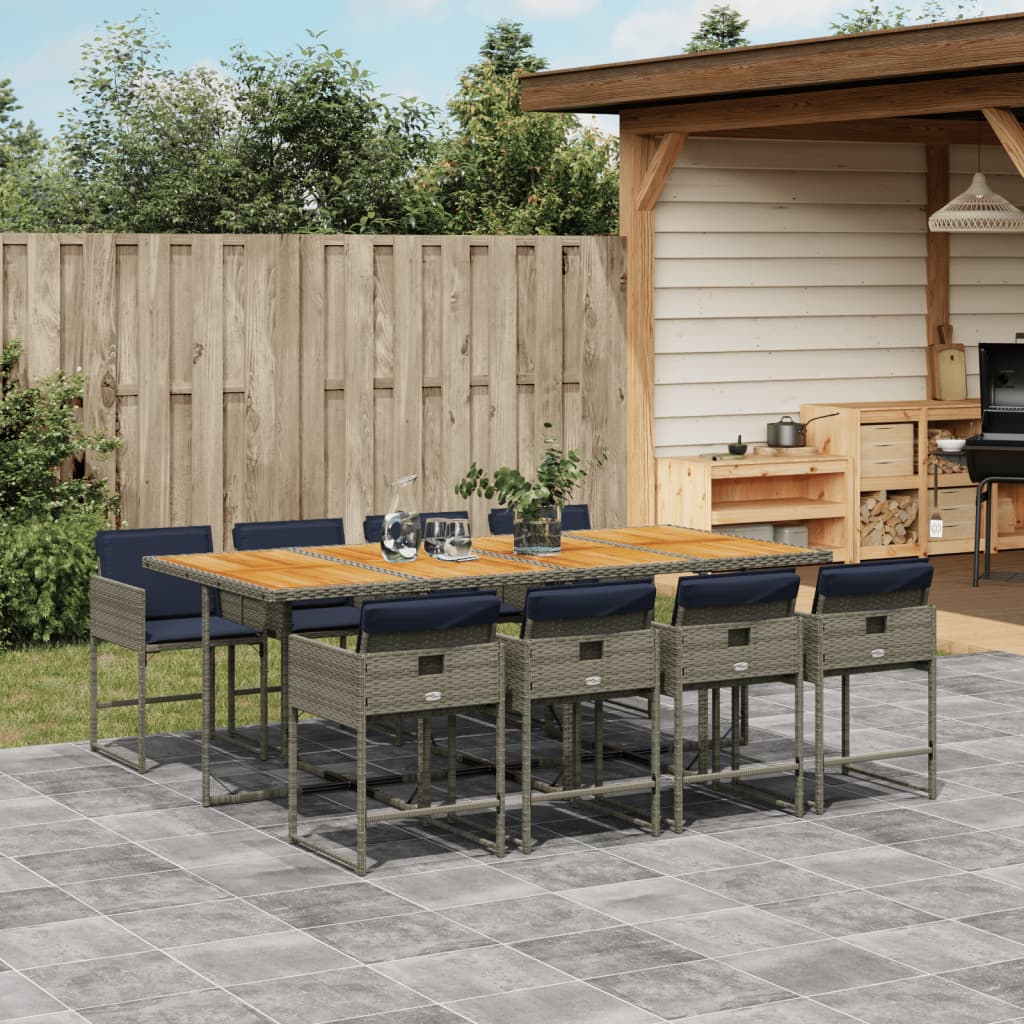 vidaXL 9-tlg. Garten-Essgruppe mit Kissen Grau Poly Rattan