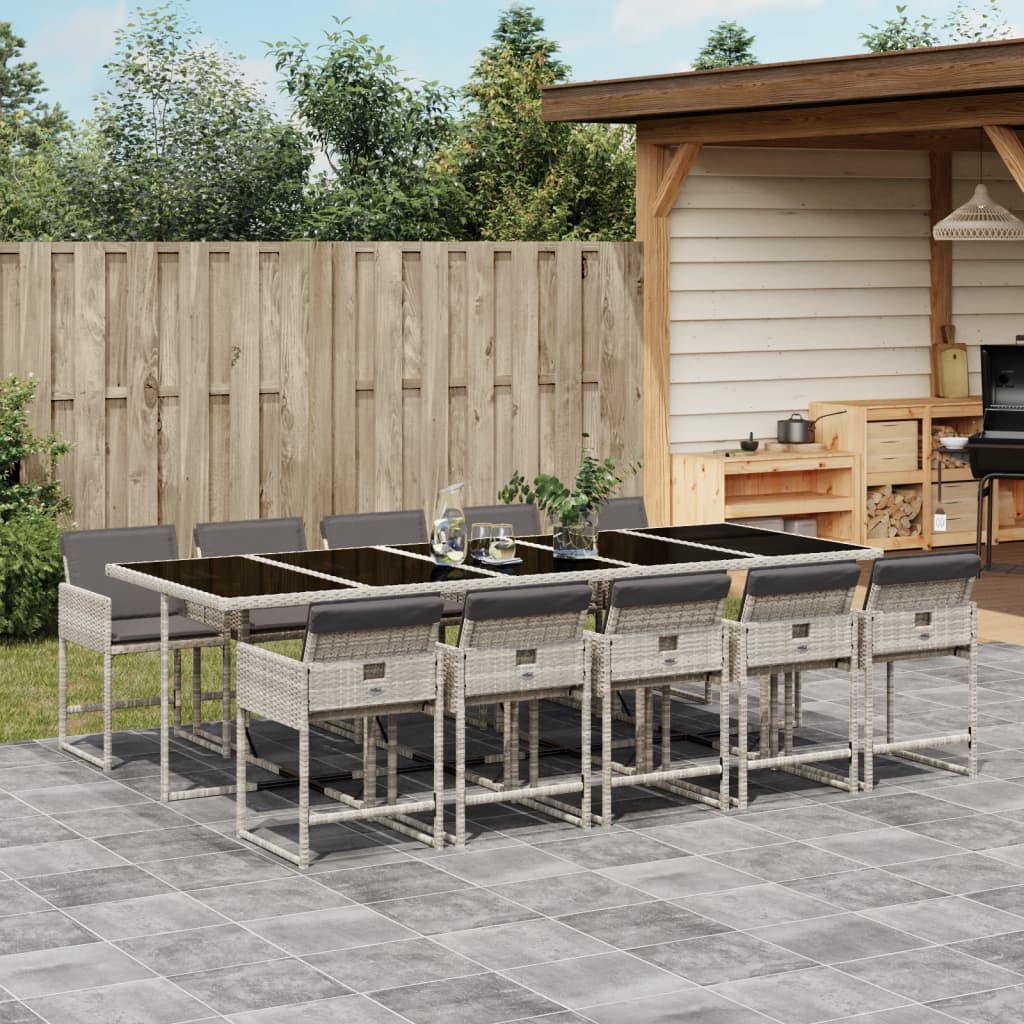 vidaXL 11-tlg. Garten-Essgruppe mit Kissen Hellgrau Poly Rattan