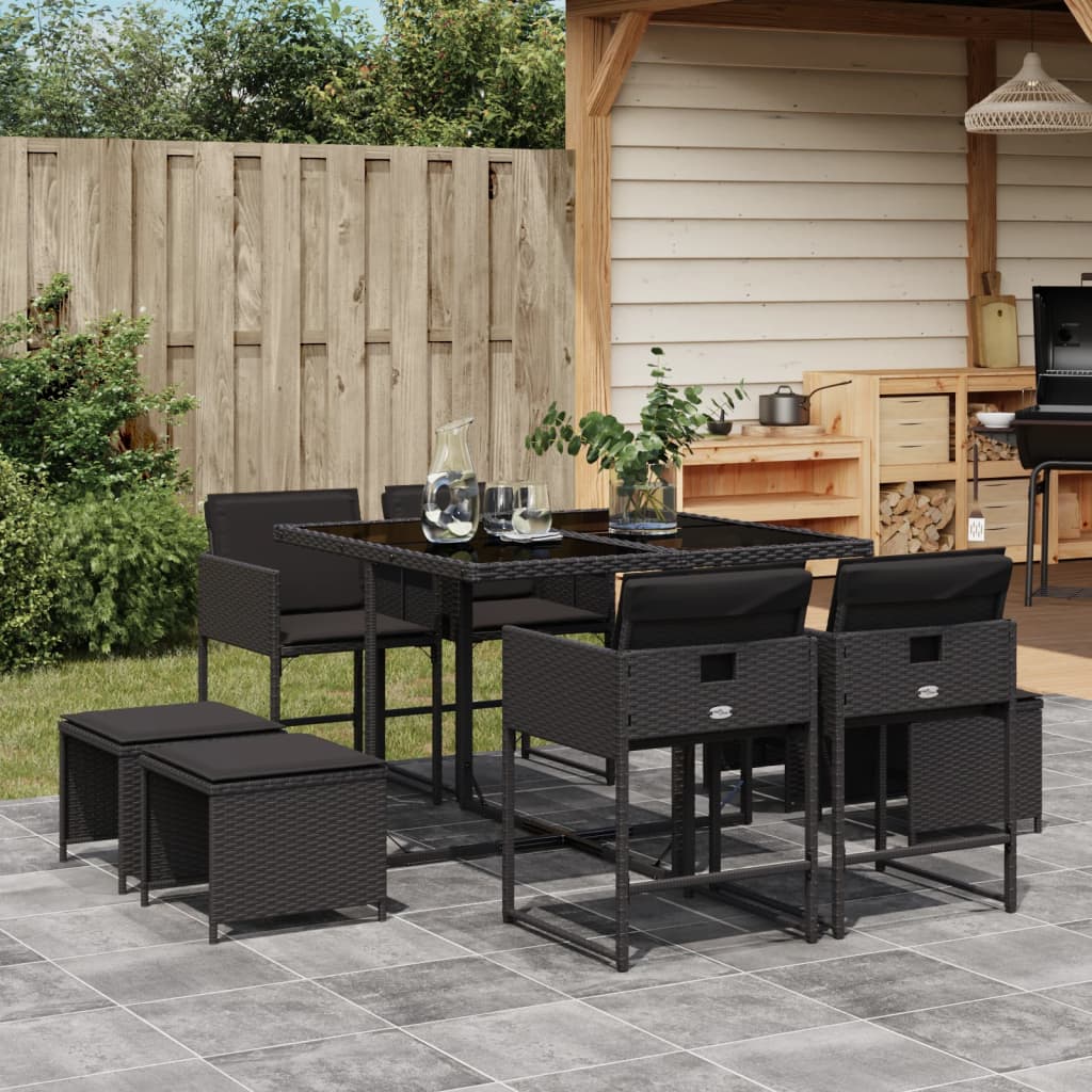 vidaXL 9-tlg. Garten-Essgruppe mit Kissen Schwarz Poly Rattan