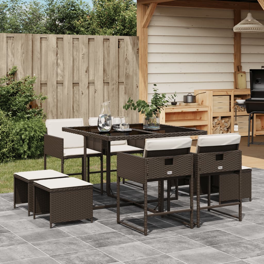 vidaXL 9-tlg. Garten-Essgruppe mit Kissen Braun Poly Rattan