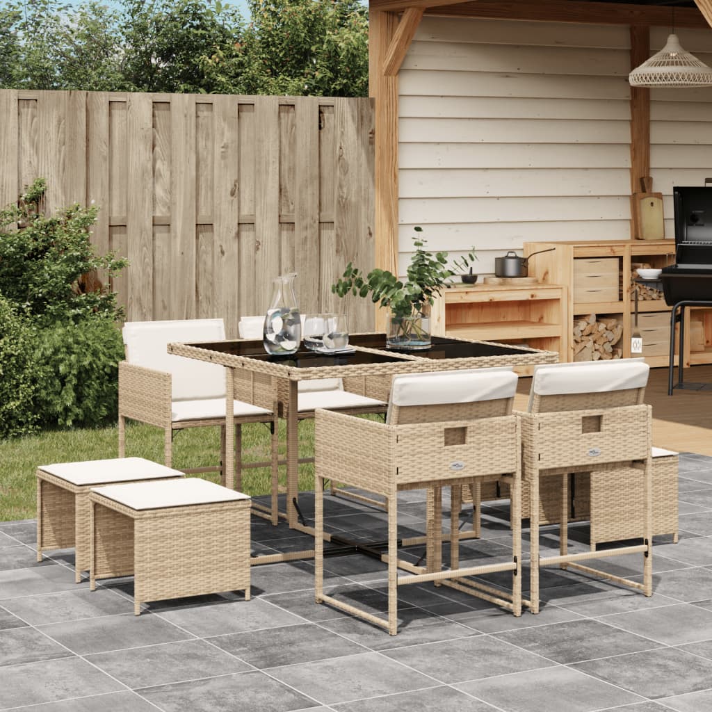 vidaXL 9-tlg. Garten-Essgruppe mit Kissen Beige Poly Rattan