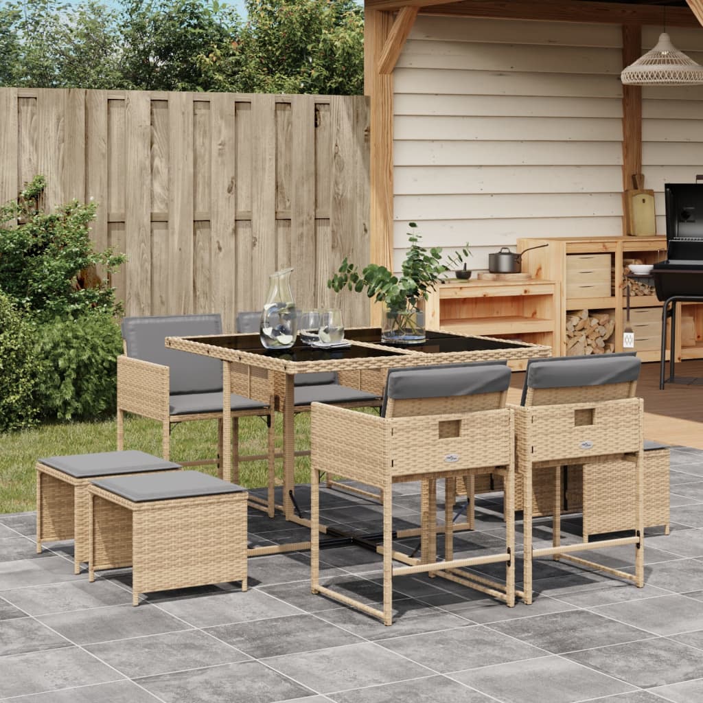 vidaXL 9-tlg. Garten-Essgruppe mit Kissen Beigemischung Poly Rattan