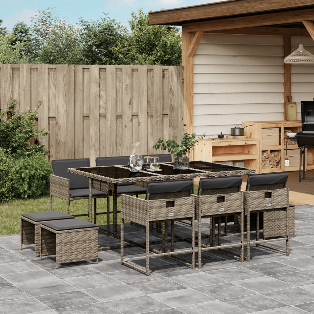 vidaXL 11-tlg. Garten-Essgruppe mit Kissen Grau Poly Rattan