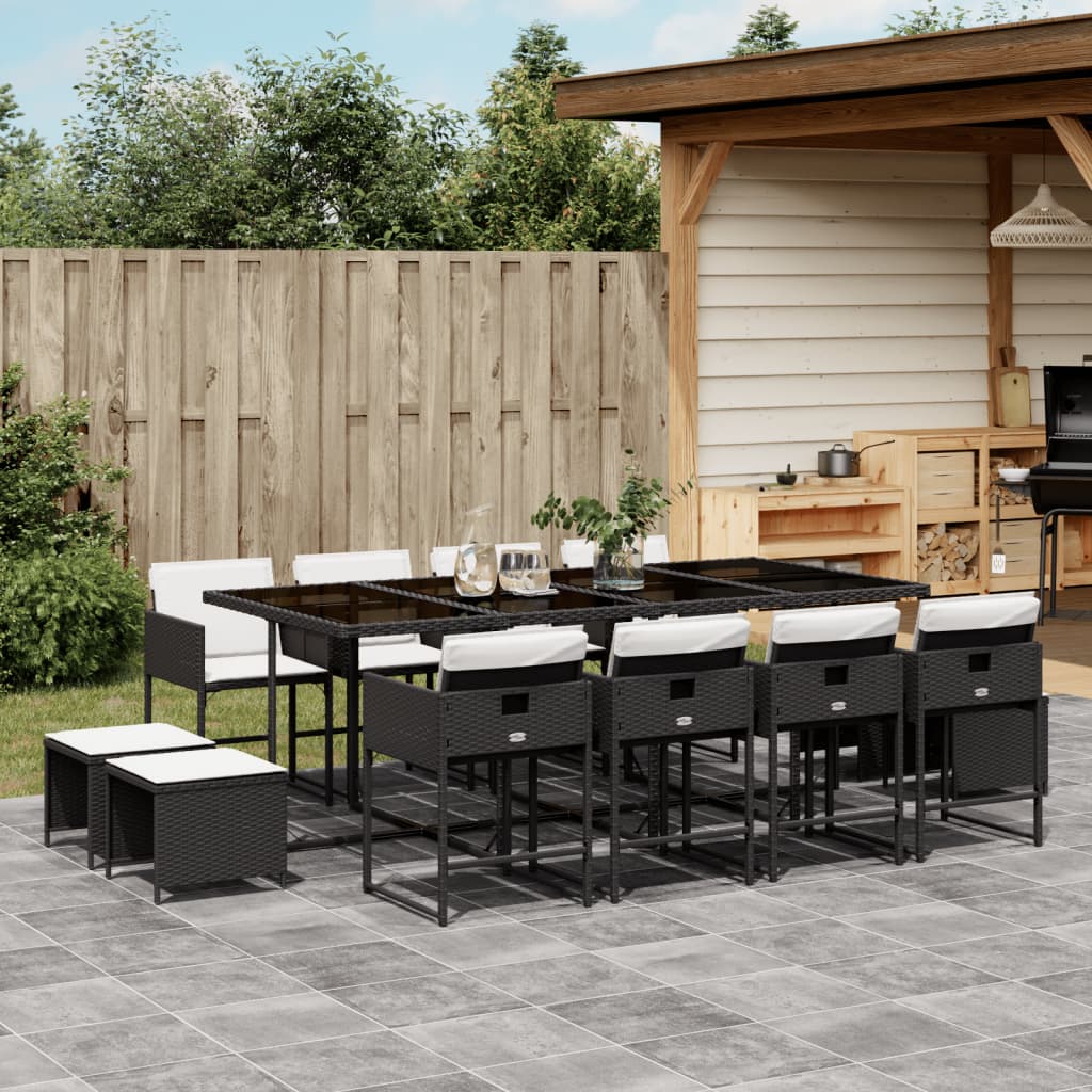 vidaXL 13-tlg. Garten-Essgruppe mit Kissen Schwarz Poly Rattan