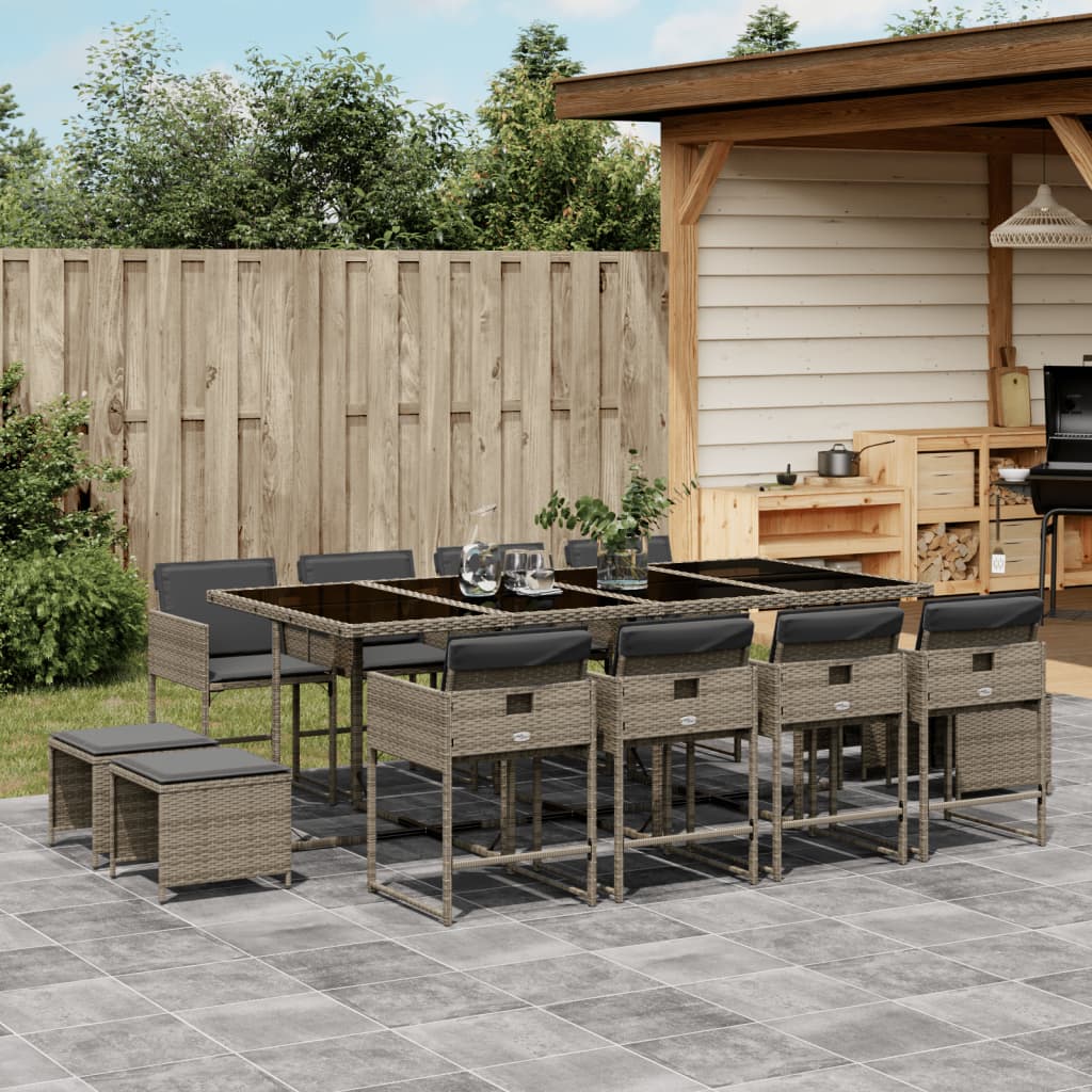 vidaXL 13-tlg. Garten-Essgruppe mit Kissen Grau Poly Rattan