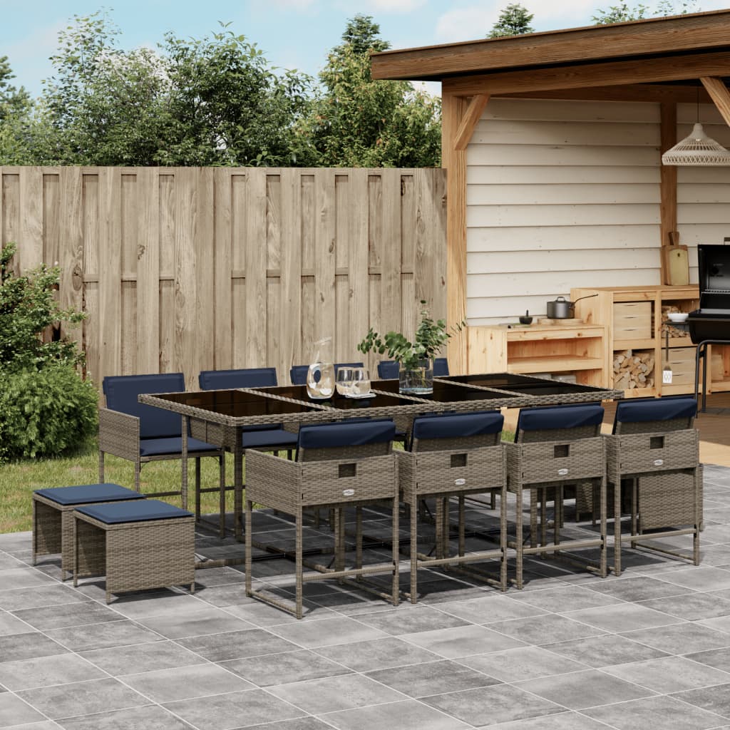 vidaXL 13-teiliges Garten-Ess-Set mit Kissen, grau, Polyrattan