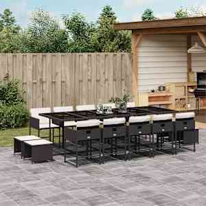 Vrtna jedilna garnitura 15-delna z blazinami črn poli ratan