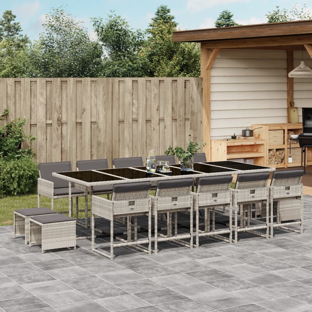 vidaXL 15-tlg. Garten-Essgruppe mit Kissen Hellgrau Poly Rattan