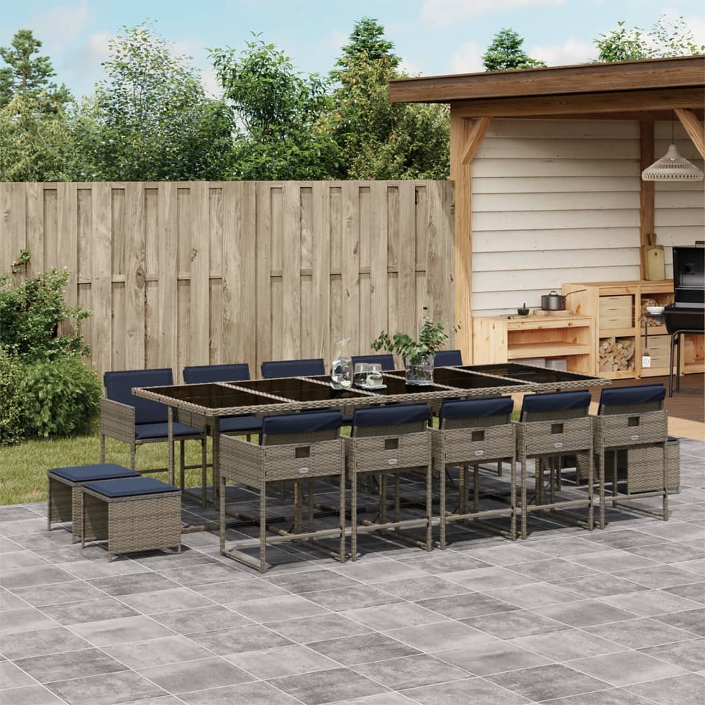 vidaXL 15-teiliges Garten-Ess-Set mit Kissen, grau, Polyrattan