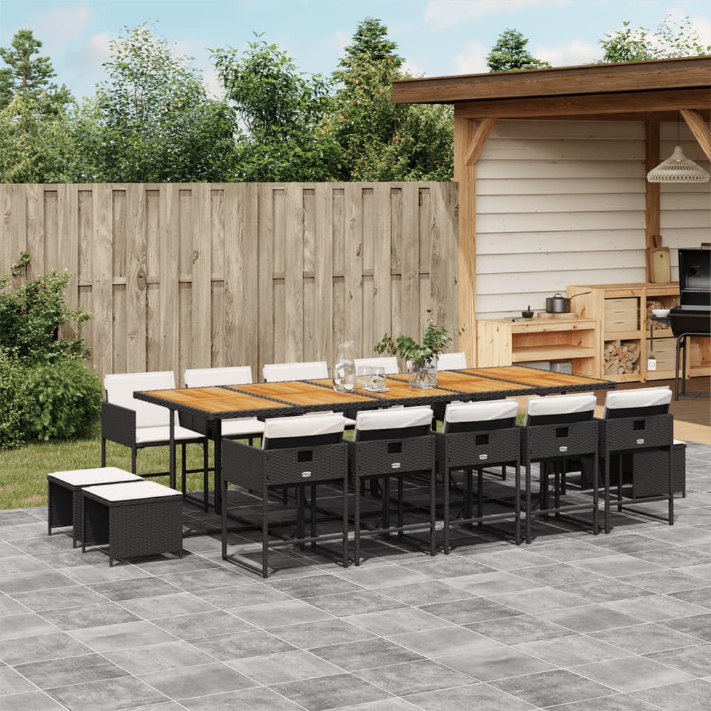 vidaXL 15-tlg. Garten-Essgruppe mit Kissen Schwarz Poly Rattan