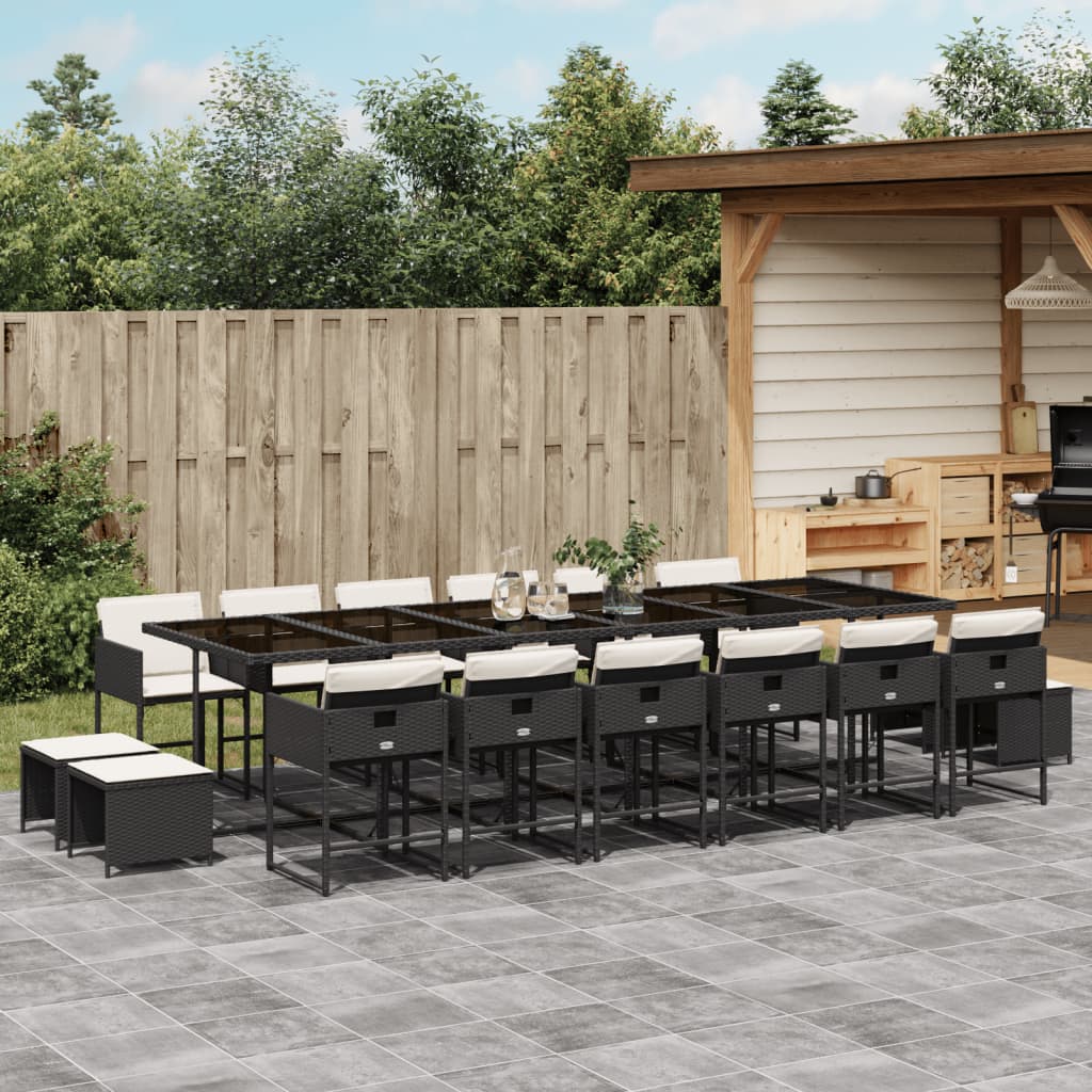 vidaXL 17-tlg. Garten-Essgruppe mit Kissen Schwarz Poly Rattan