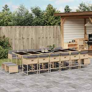 Vrtna jedilna garnitura 17-delna z blazinami bež poli ratan