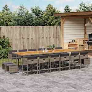 Vrtna jedilna garnitura 17-delna z blazinami siv poli ratan