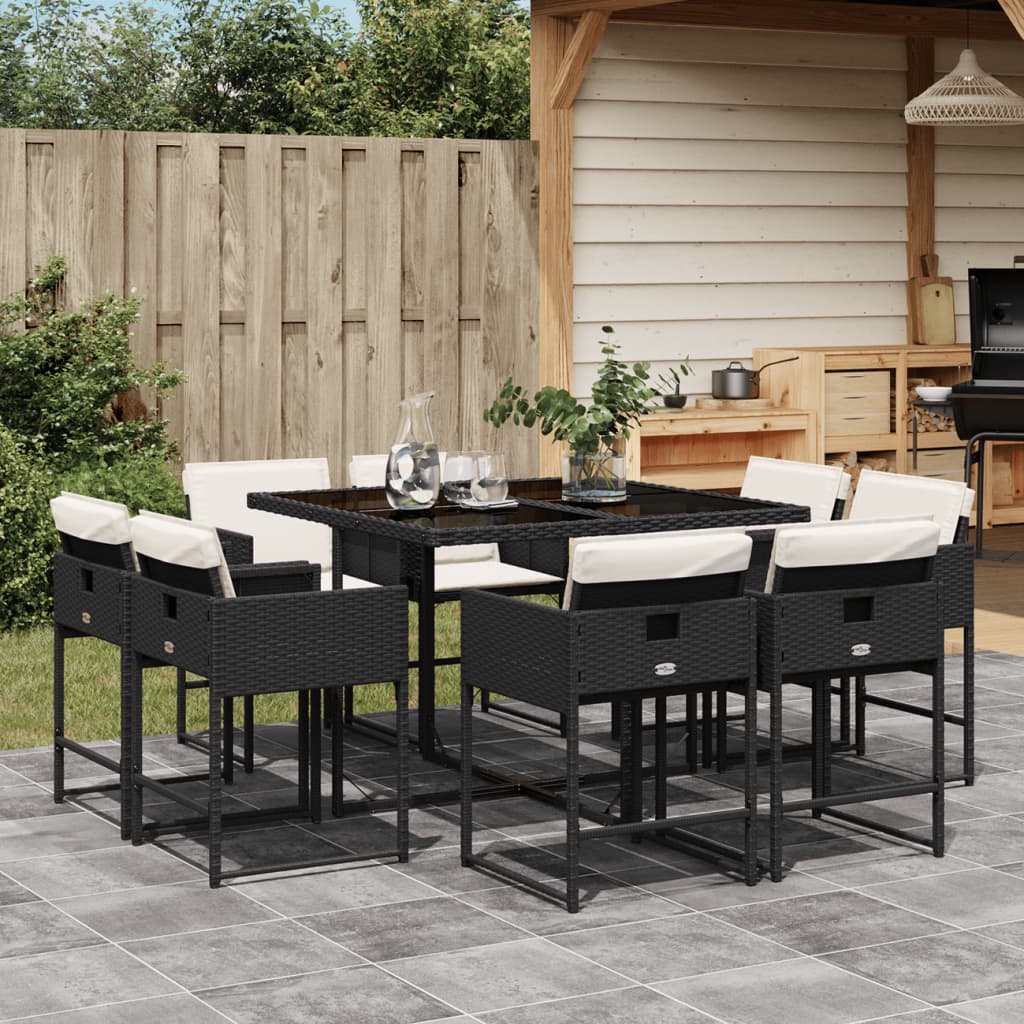 vidaXL 9-tlg. Garten-Essgruppe mit Kissen Schwarz Poly Rattan