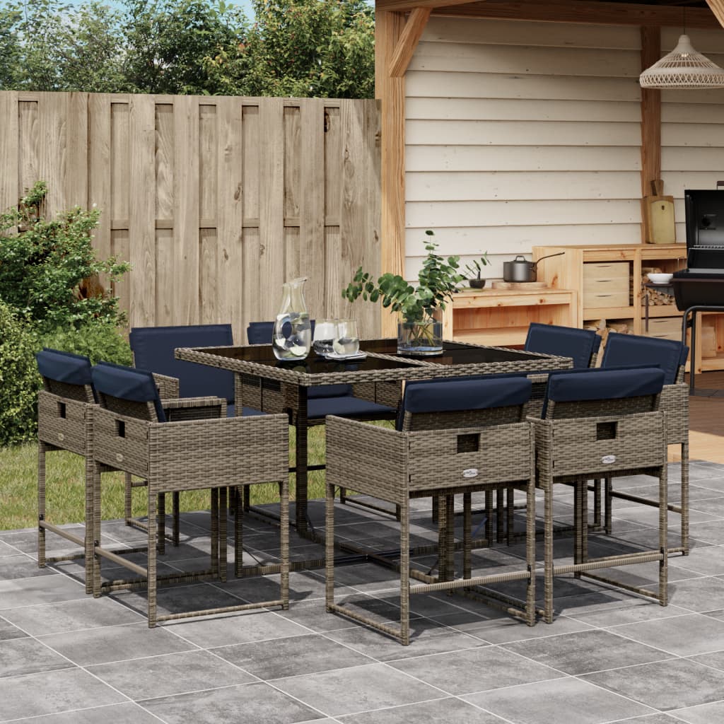 vidaXL 9-teiliges Garten-Ess-Set mit Kissen, grau, Polyrattan