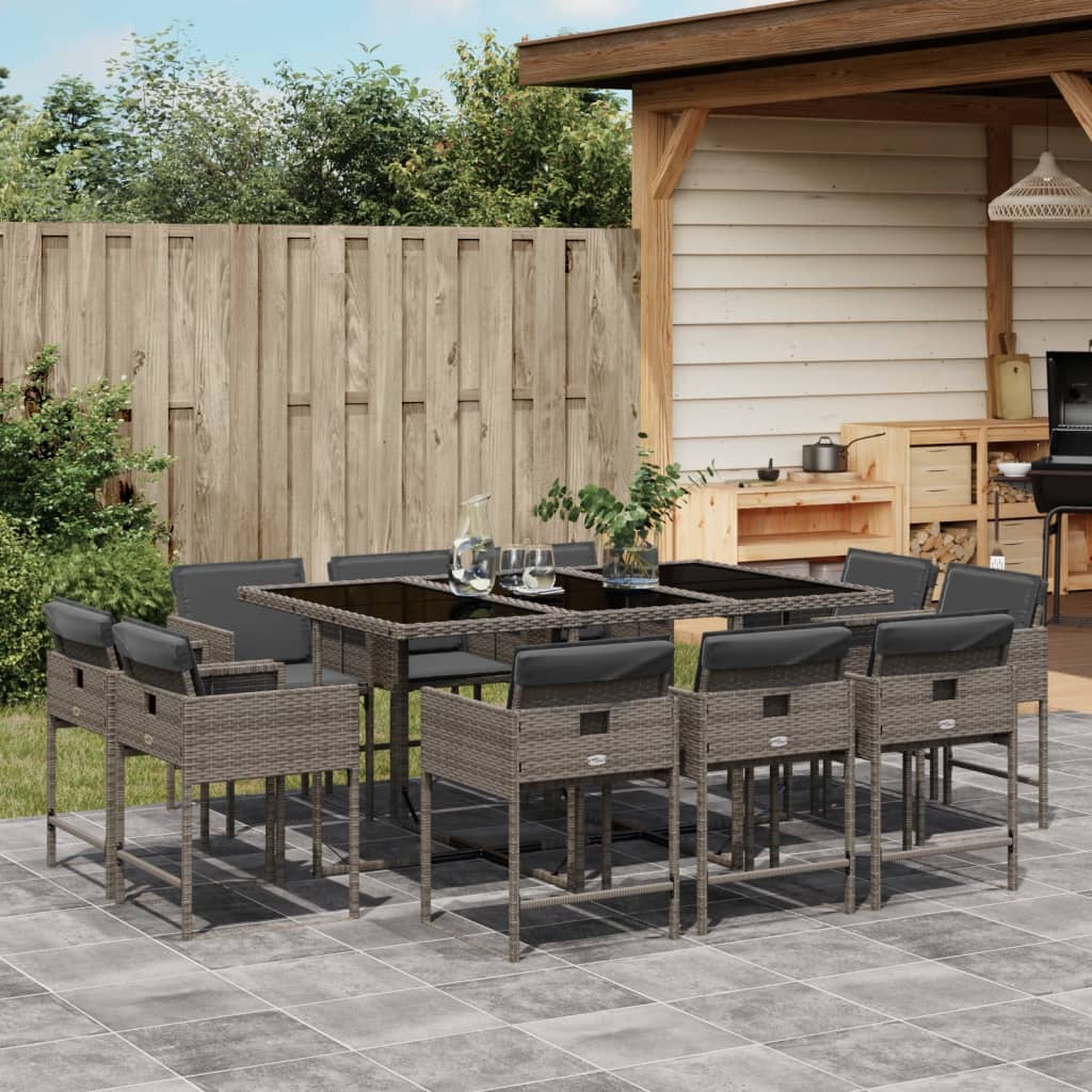 vidaXL 11-tlg. Garten-Essgruppe mit Kissen Grau Poly Rattan