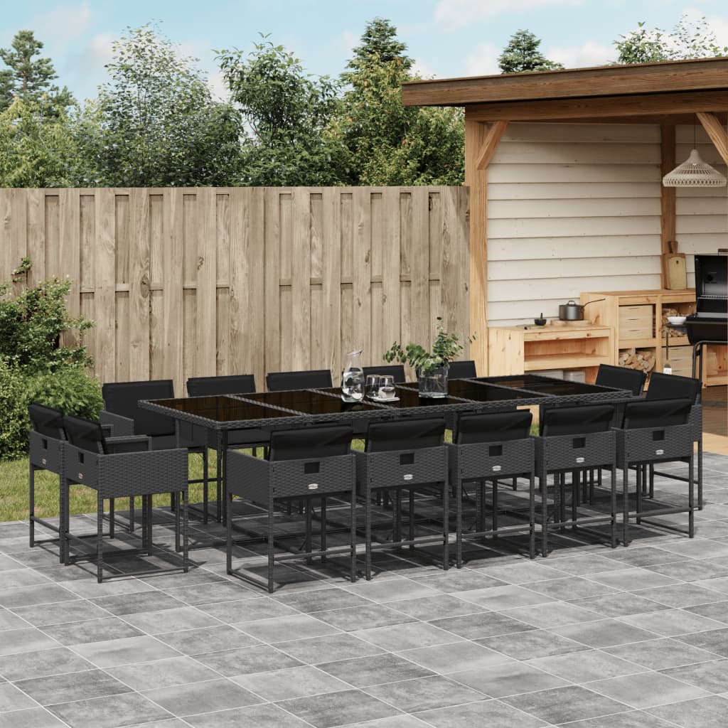 vidaXL 15-tlg. Garten-Essgruppe mit Kissen Schwarz Poly Rattan