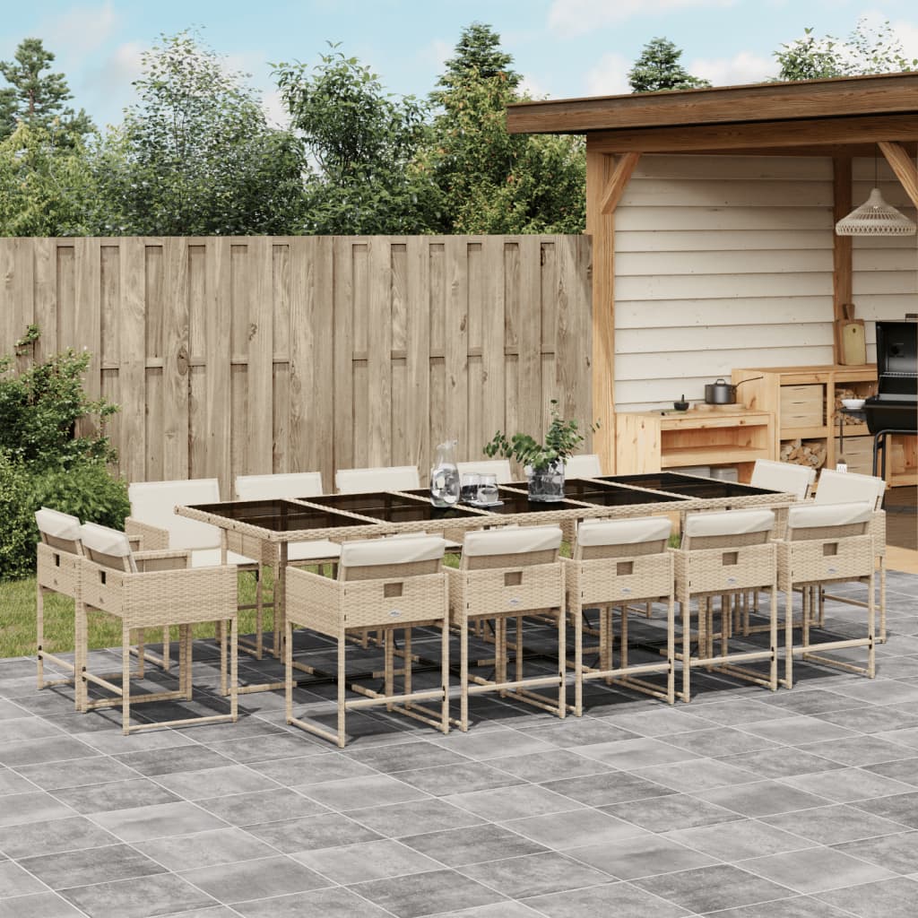 vidaXL 15-tlg. Garten-Essgruppe mit Kissen Beige Poly Rattan