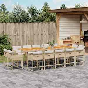 Vrtna jedilna garnitura 15-delna z blazinami bež poli ratan