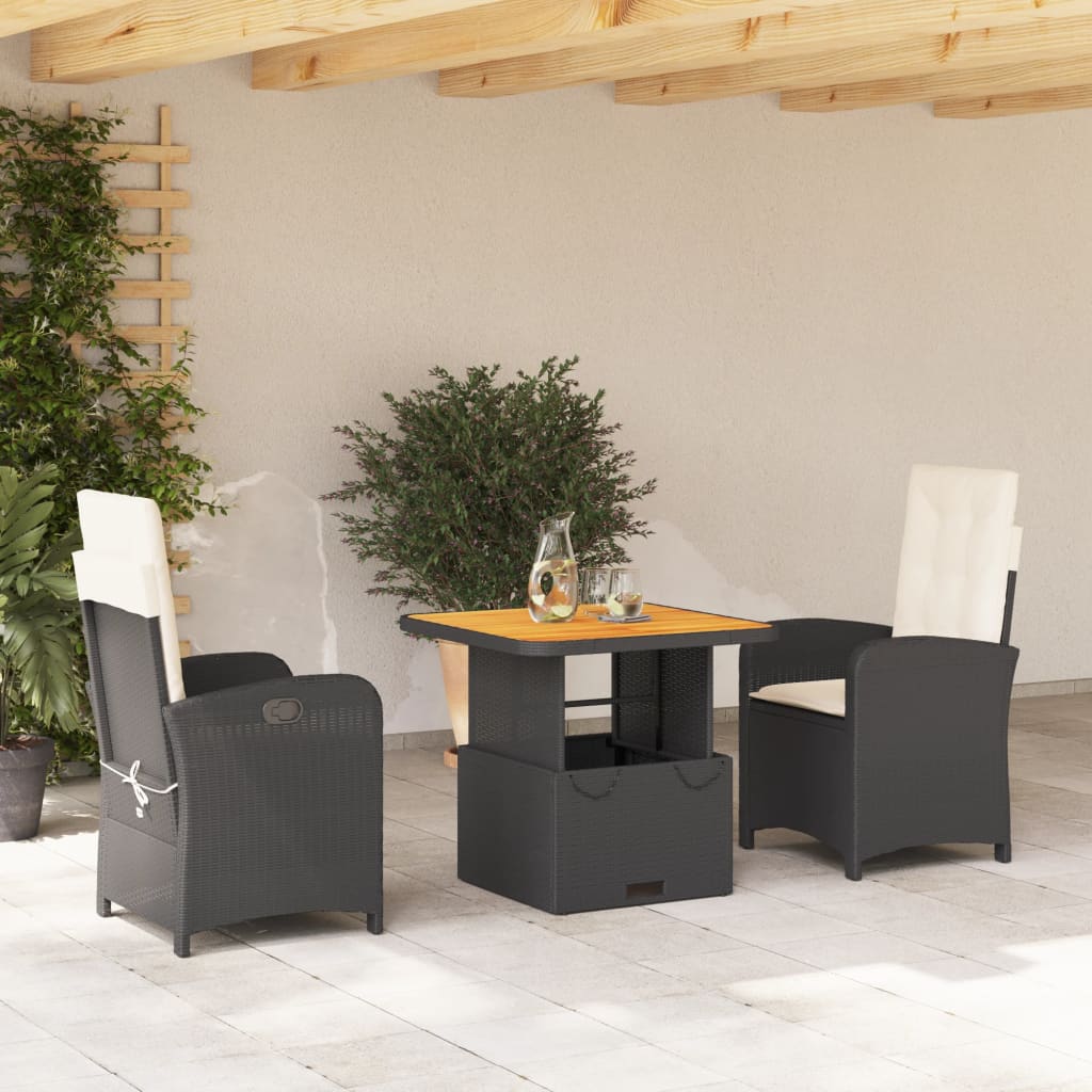 vidaXL 3-tlg. Garten-Essgruppe mit Kissen Schwarz Poly Rattan