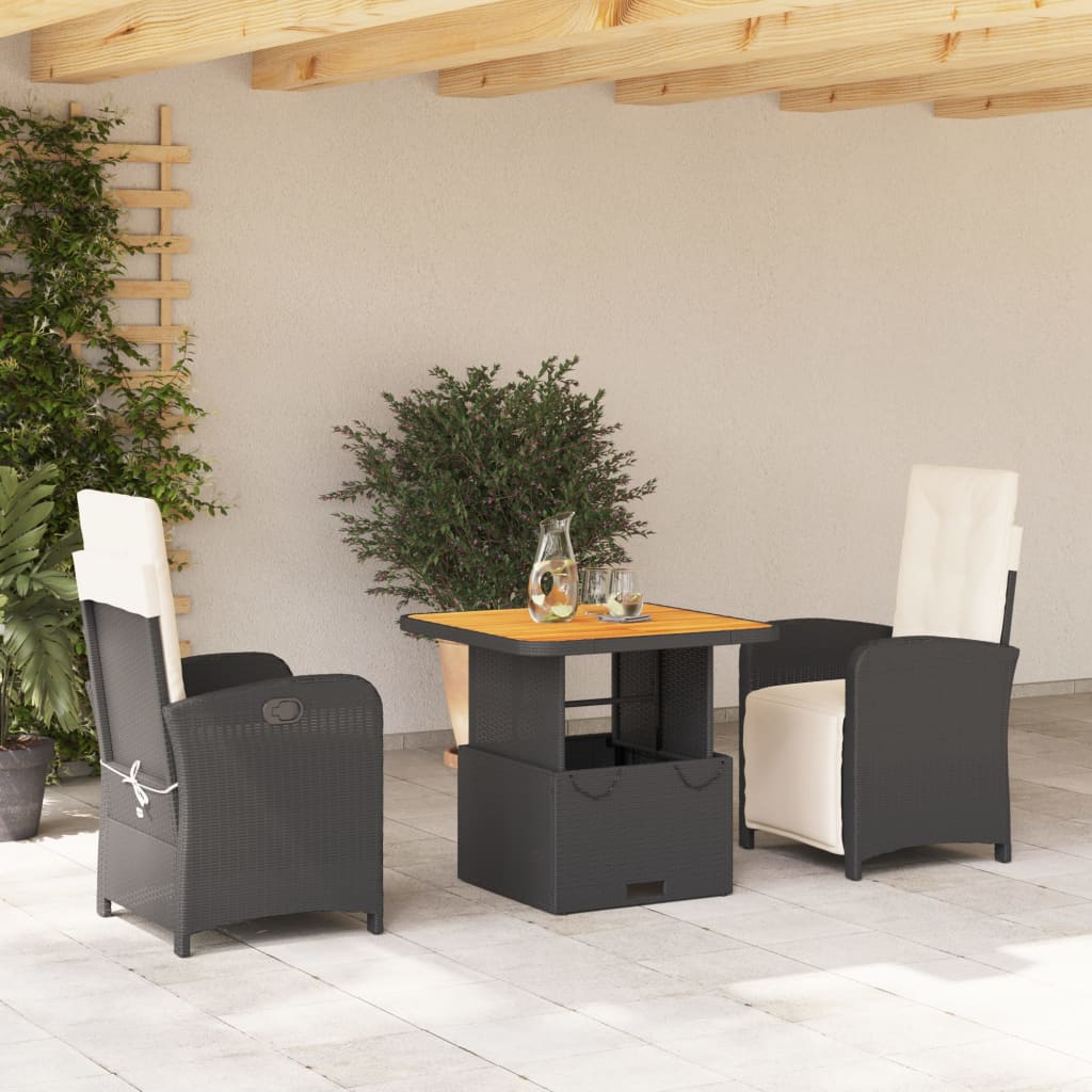 vidaXL 3-tlg. Garten-Essgruppe mit Kissen Schwarz Poly Rattan