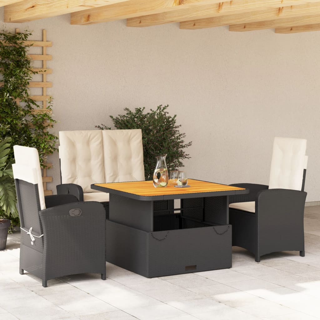 Spisebordssæt til haven i polyrattan 4 dele med hynder - sort/creme