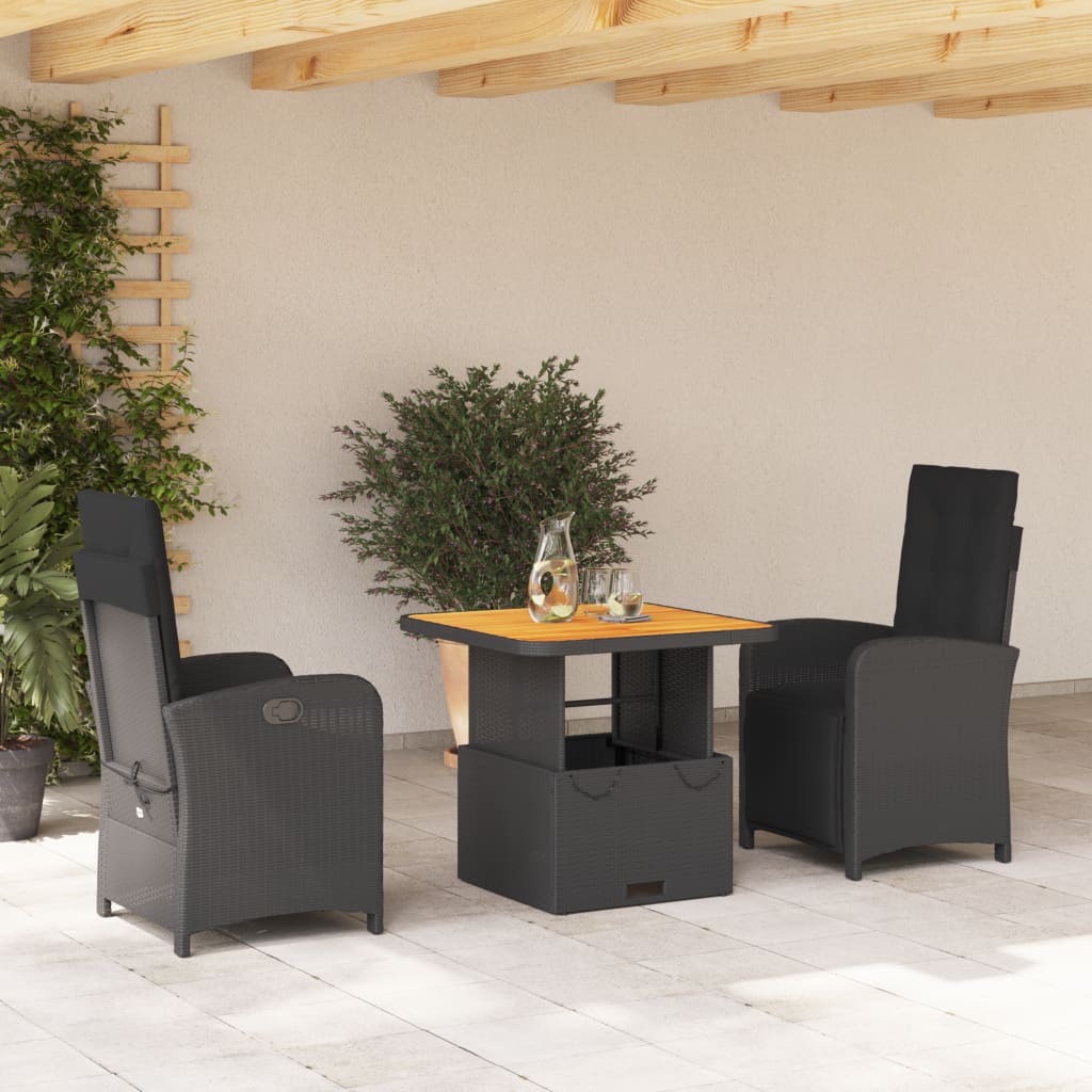 vidaXL Set mobilier de grădină cu perne, 3 piese, negru, poliratan