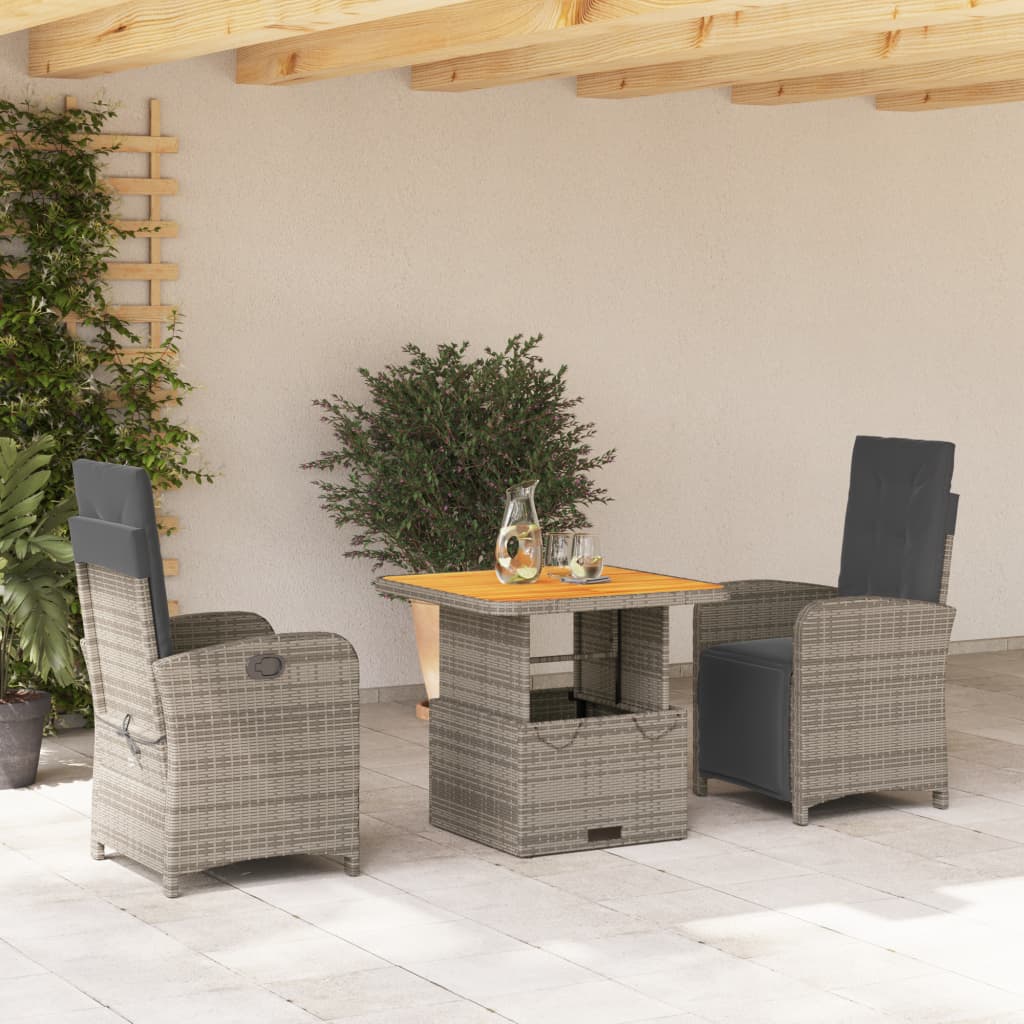 vidaXL 3-tlg. Garten-Essgruppe mit Kissen Grau Poly Rattan