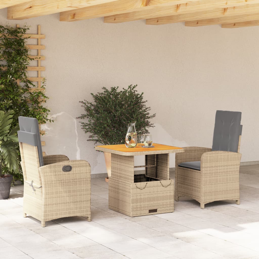 3-tlg. Garten-Essgruppe mit Kissen Beige Poly Rattan