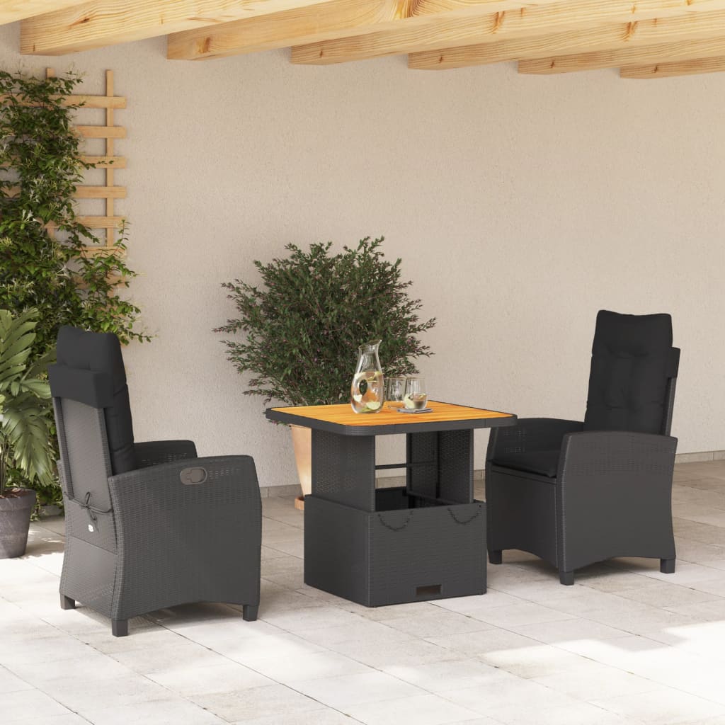 vidaXL Set mobilier de grădină cu perne, 3 piese, negru, poliratan