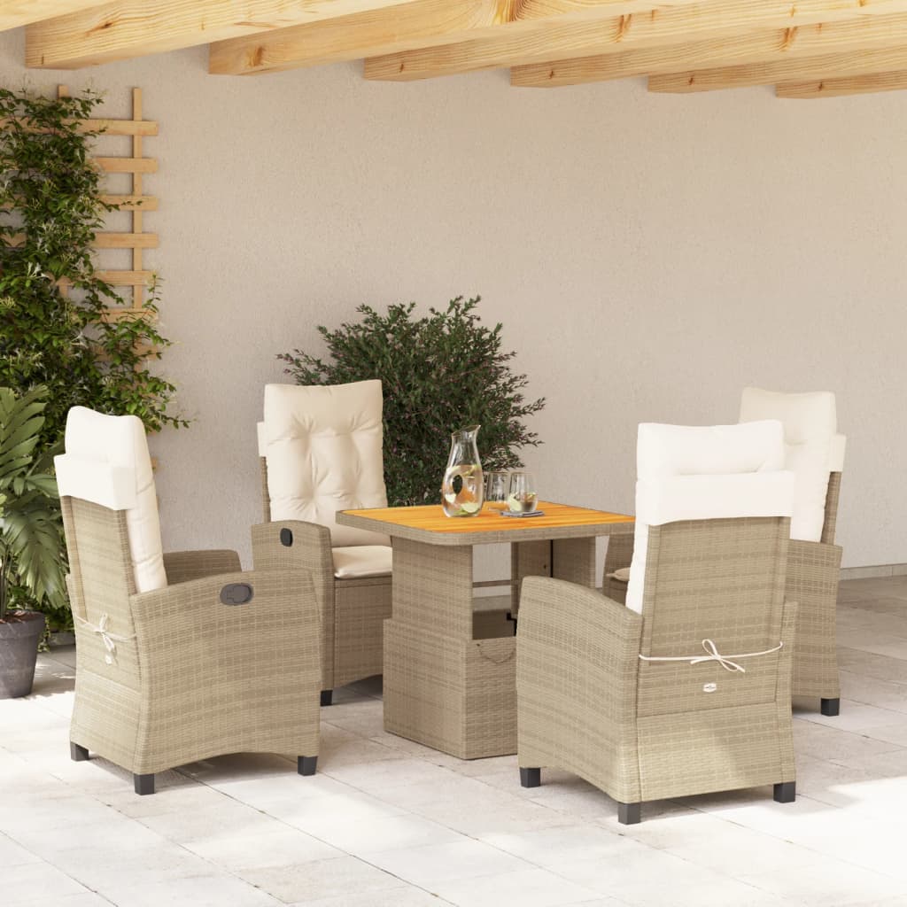 Zestaw mebli ogrodowych rattanowy, beżowy, 4 krzesła+stół, poduszki, regulowane, UV, PE;