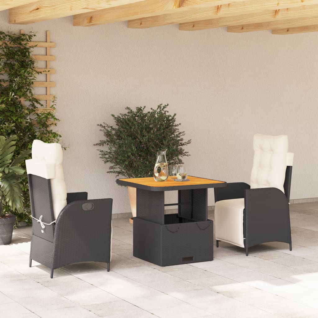 vidaXL 3-tlg. Garten-Essgruppe mit Kissen Schwarz Poly Rattan