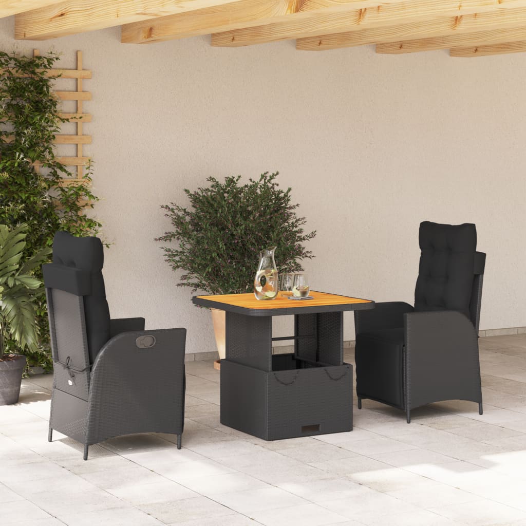 vidaXL Set mobilier de grădină cu perne, 3 piese, negru, poliratan