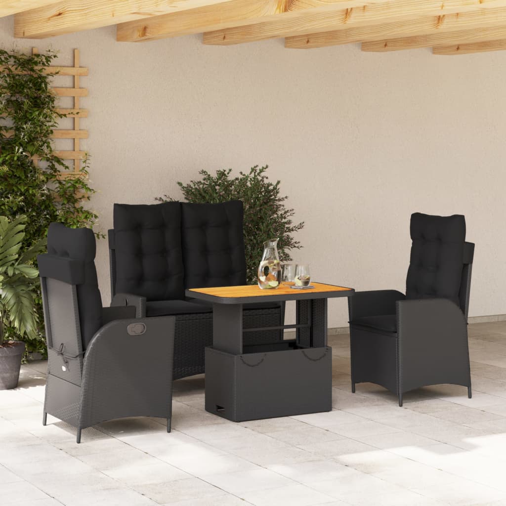 vidaXL Set mobilier de grădină cu perne, 4 piese, negru, poliratan