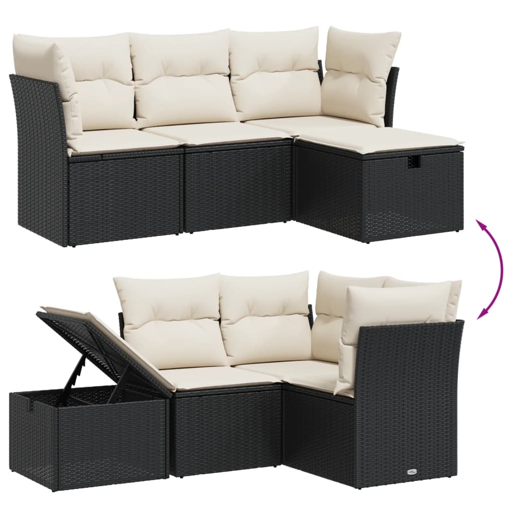 vidaXL 4 részes fekete polyrattan kerti ülőgarnitúra párnákkal