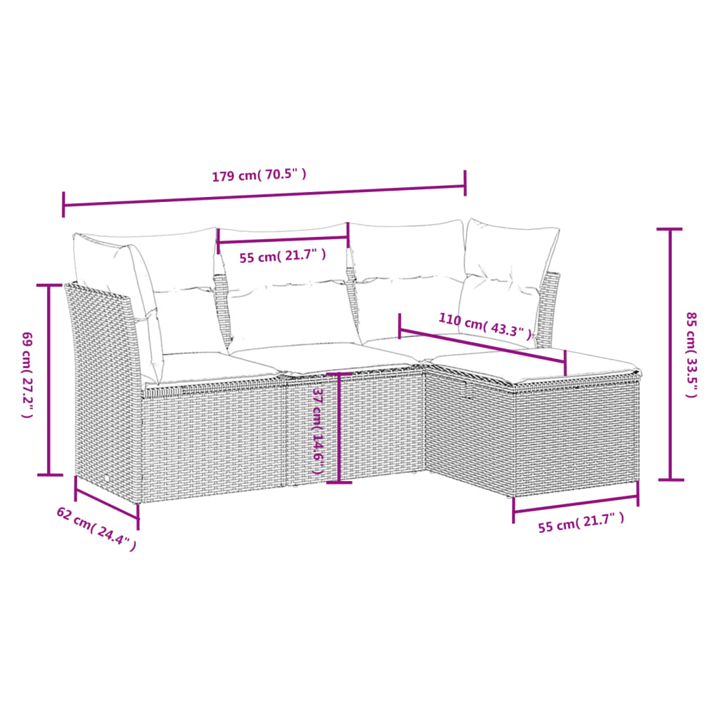 Set mobilier de grădină cu perne, 4 piese, negru, poliratan 3263112 - imagine 4