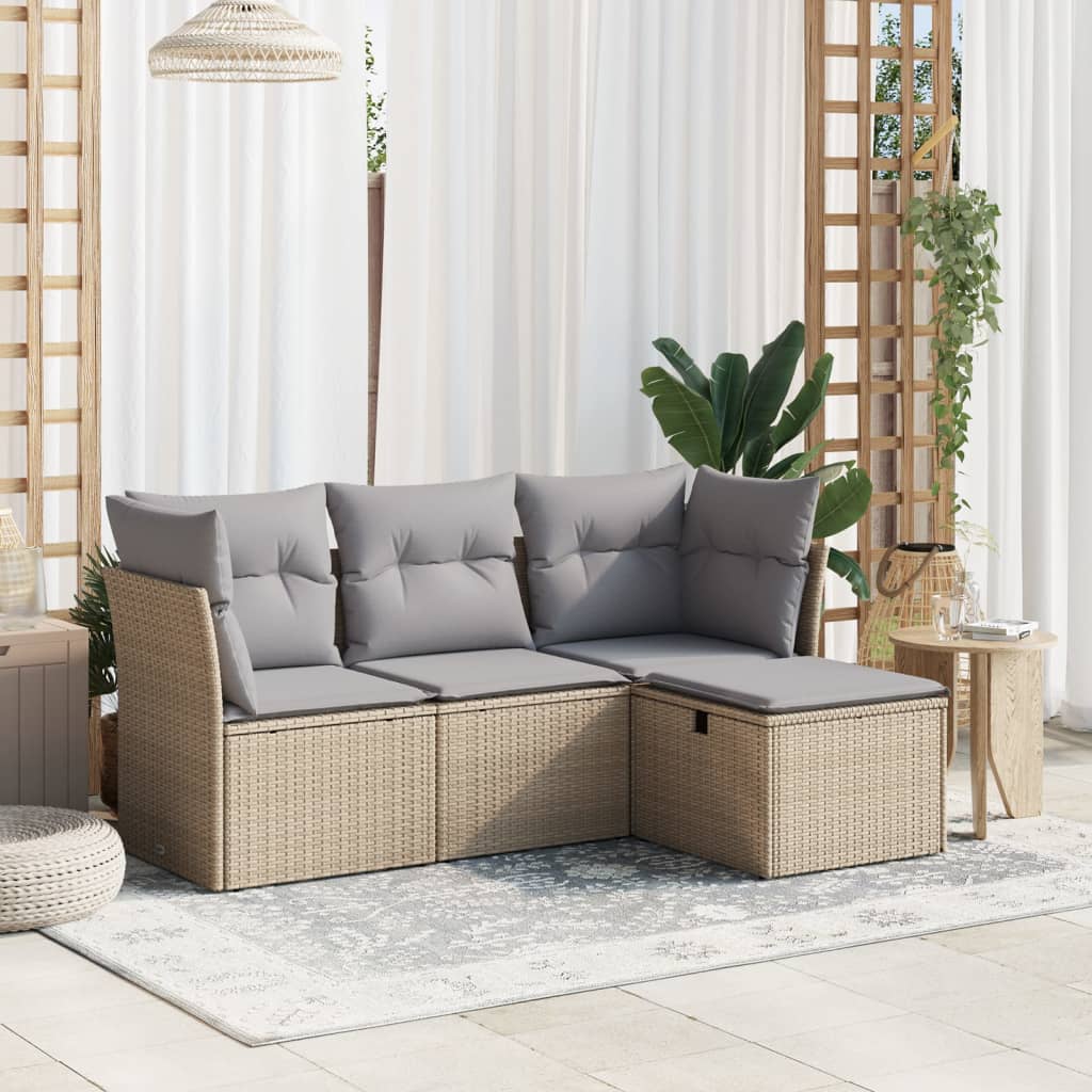 vidaXL 4-tlg. Garten-Sofagarnitur mit Kissen Beigemischung Poly Rattan