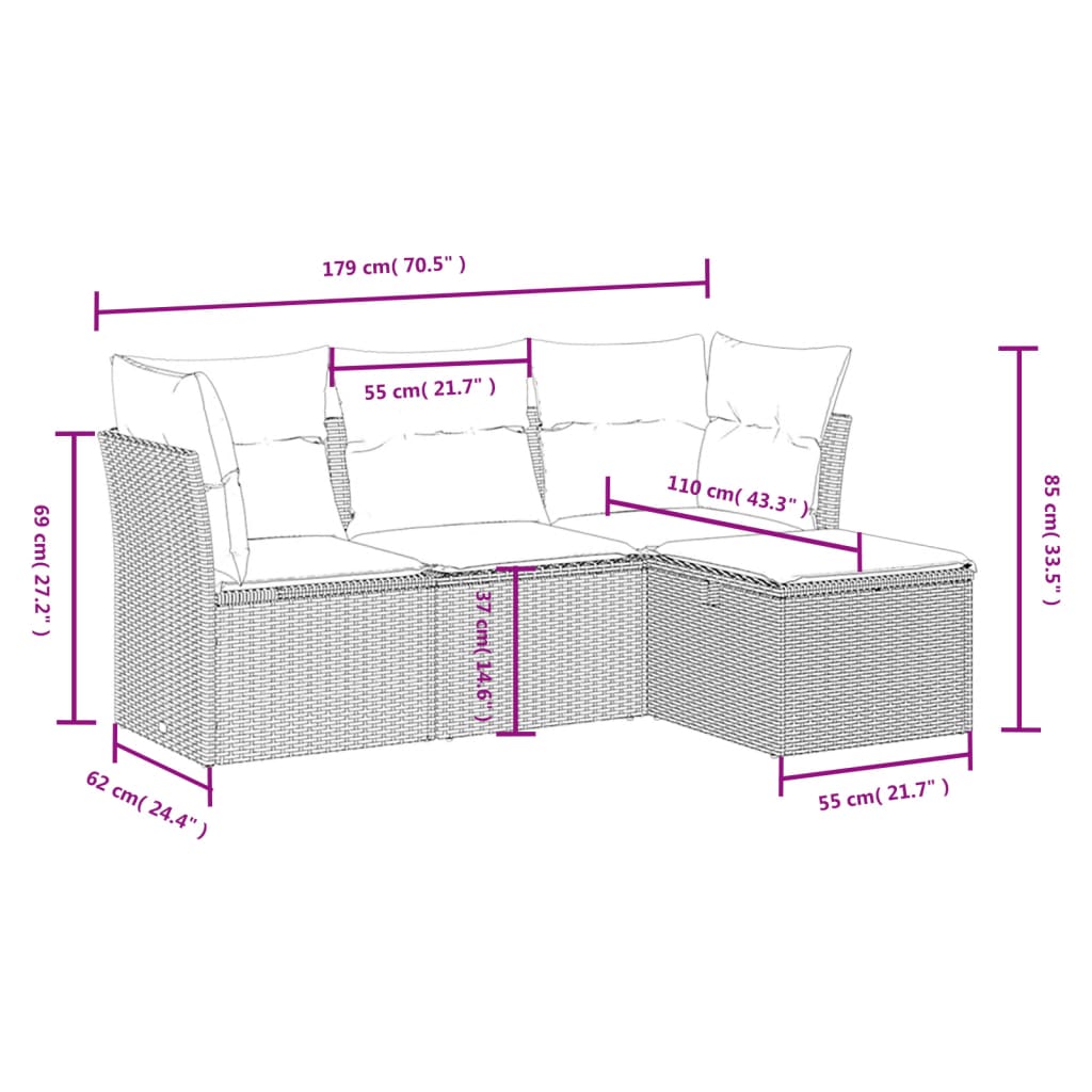 Set canapea de grădină cu perne, 4 piese, gri, poliratan 3263116 - imagine 4