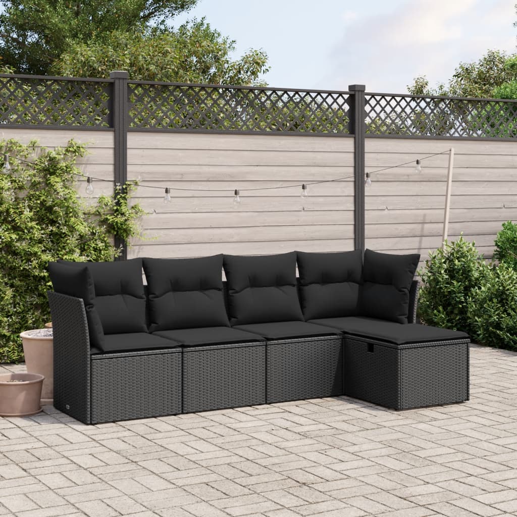 5-tlg. Garten-Sofagarnitur mit Kissen Schwarz Poly Rattan