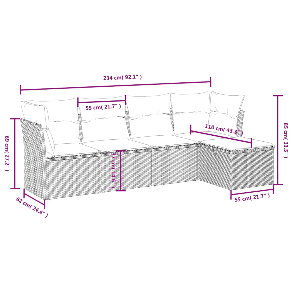 Set mobilier de grădină cu perne, 5 piese, negru, poliratan 3263132 - imagine 4