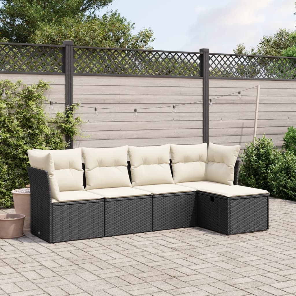 5-tlg. Garten-Sofagarnitur mit Kissen Schwarz Poly Rattan