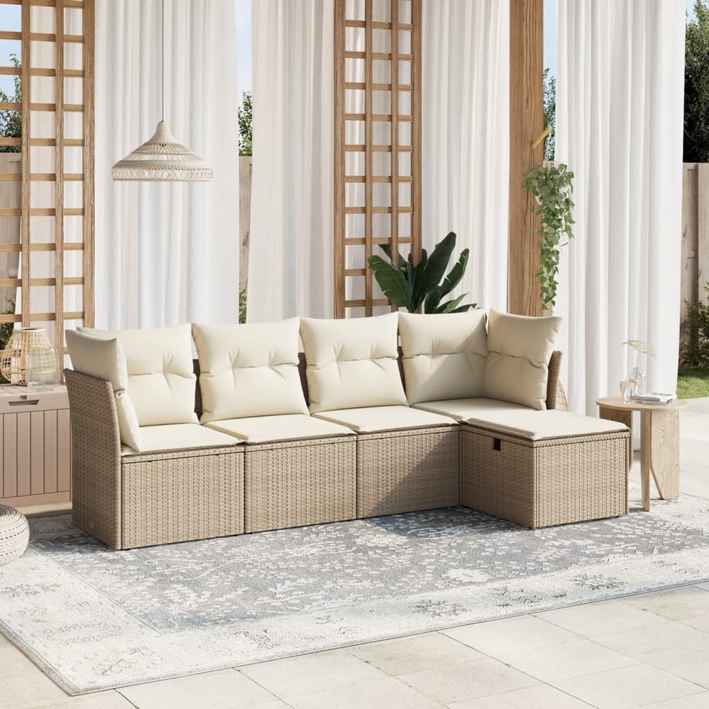 vidaXL 5-tlg. Garten-Sofagarnitur mit Kissen Beige Poly Rattan