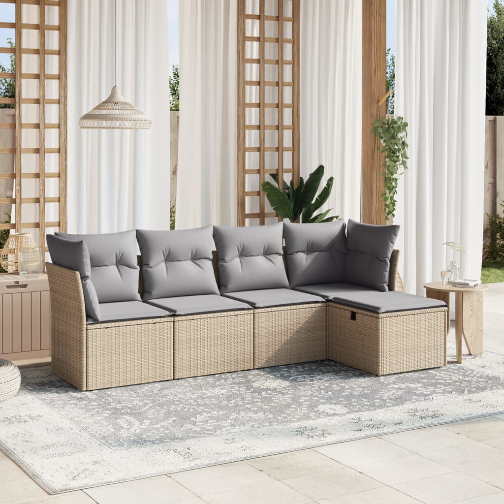 vidaXL 5-tlg. Garten-Sofagarnitur mit Kissen Beige Poly Rattan