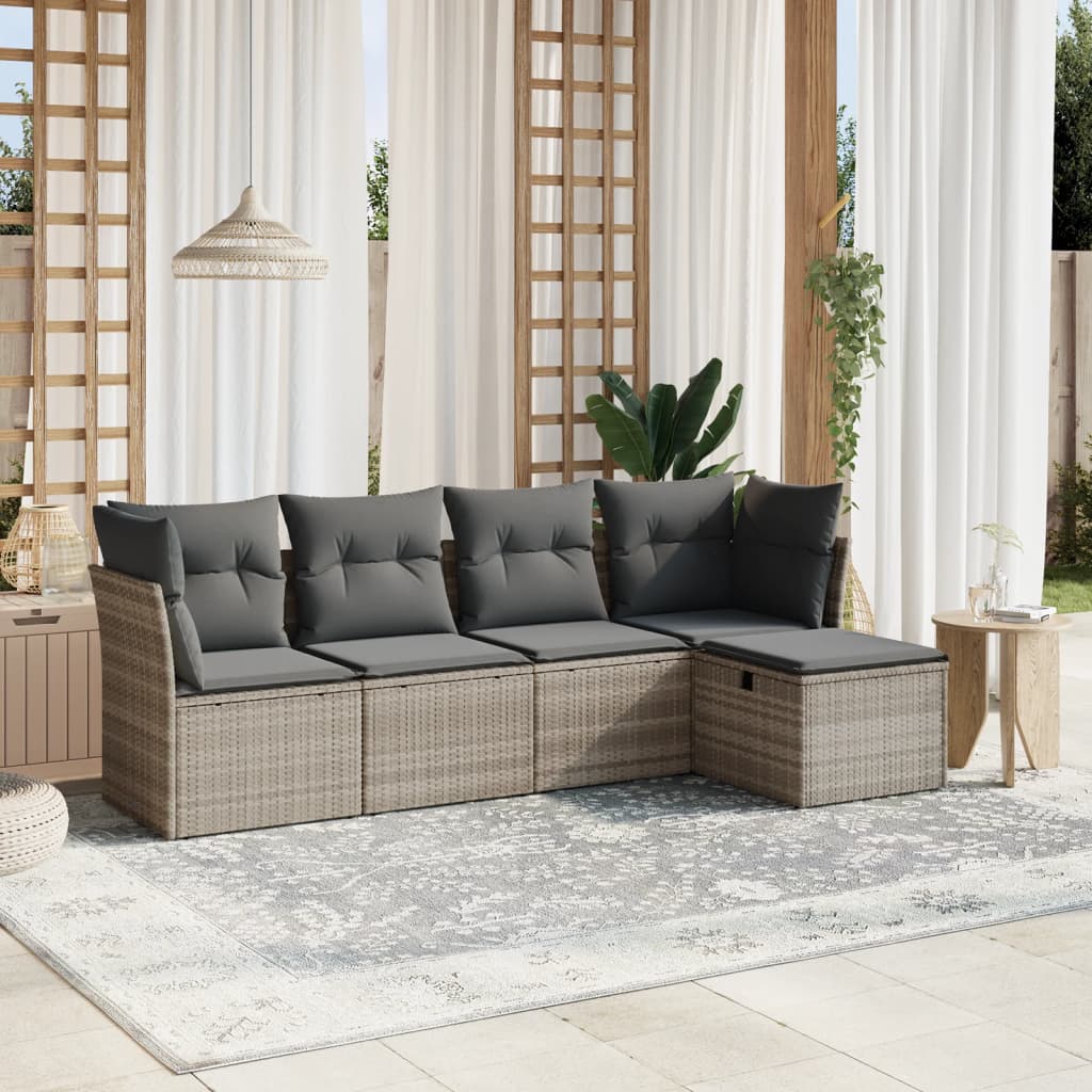 vidaXL 5-tlg. Garten-Sofagarnitur mit Kissen Hellgrau Poly Rattan