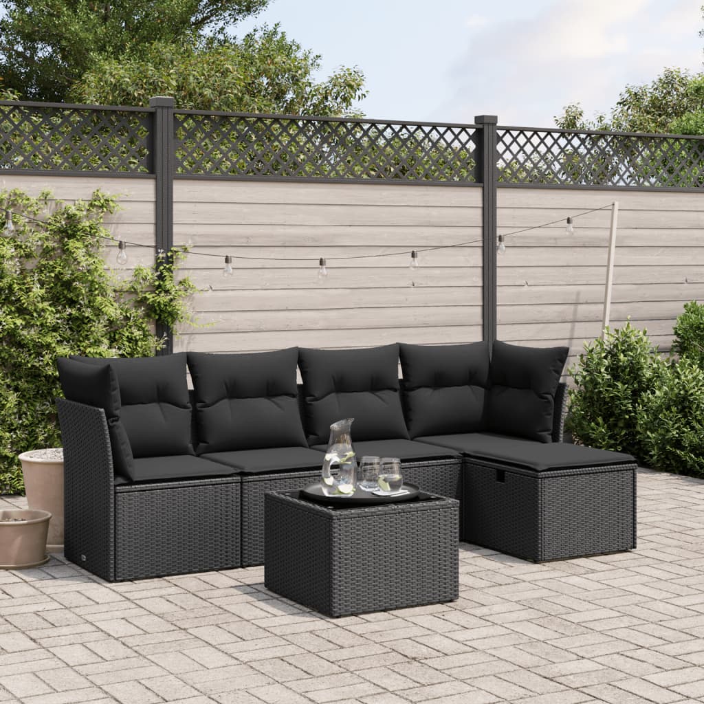 vidaXL 6-tlg. Garten-Sofagarnitur mit Kissen Schwarz Poly Rattan